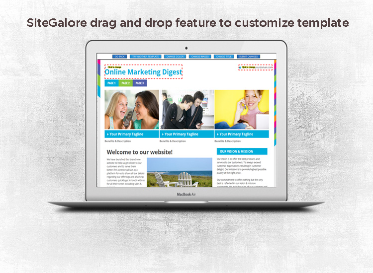 SiteGalore drag and drop feature to customize template